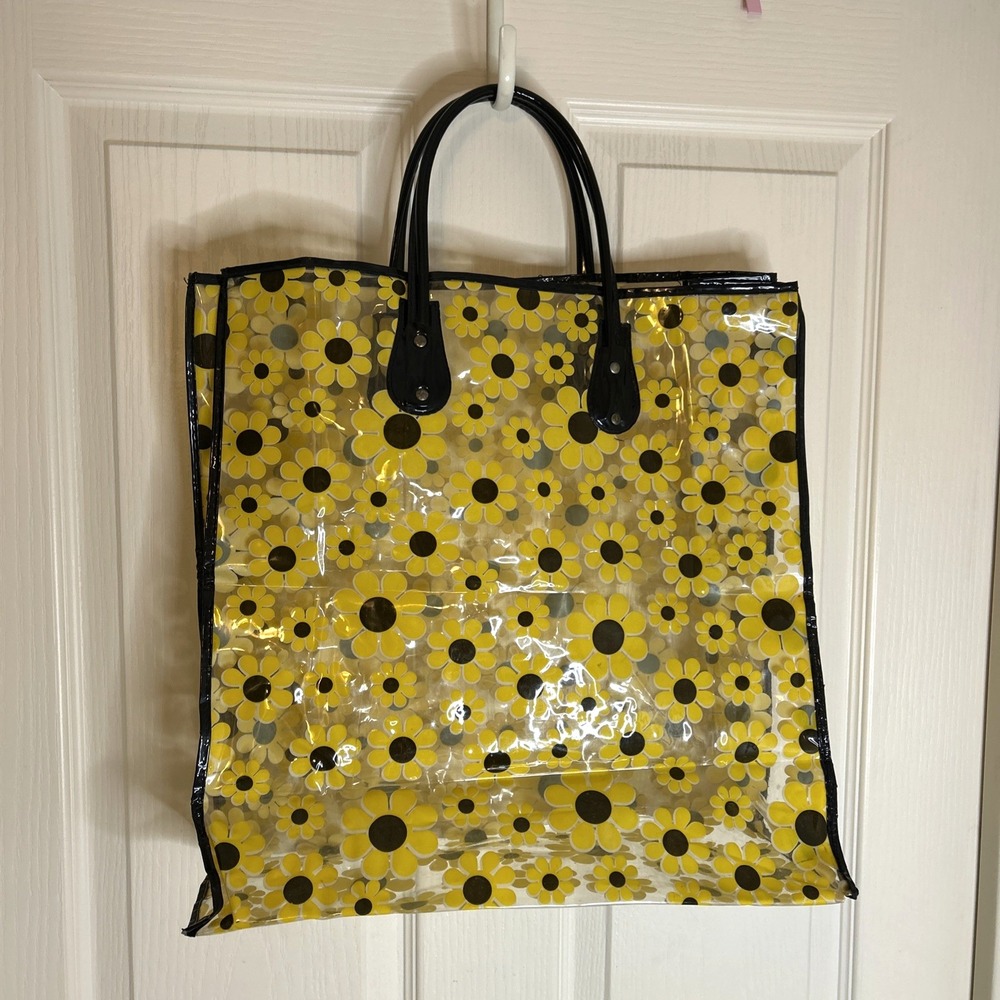 Vtg Clear Plastic Flower Power Daisy Tote Floral 60s 70s Hippie Mod Groovy Bag